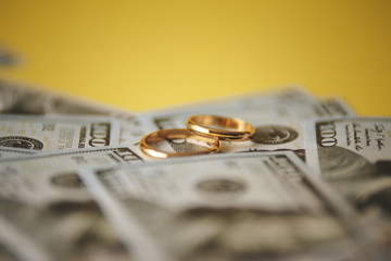 Wedding rings on money background, close up
