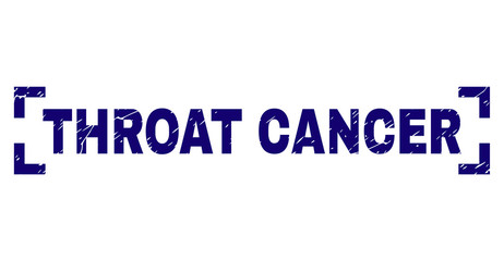 THROAT CANCER caption seal print with distress texture. Text title is placed between corners. Blue vector rubber print of THROAT CANCER with grunge texture.
