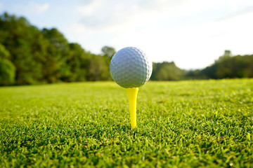 Golf ball on tee in beautiful golf course at sunset background.