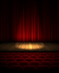 Illuminated theater stage with a red curtain.  Highly realistic illustration.