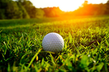 Blurred golf ball on green in beautiful golf course at sunset background. Golf ball on green in golf course at Thailand