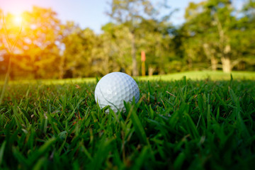 Golf ball on green in beautiful golf course at sunset background. Golf ball on green in golf course at Thailand