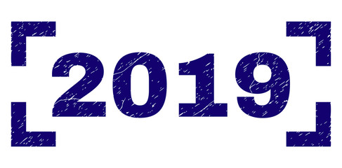 2019 tag seal print with corroded texture. Text tag is placed between corners. Blue vector rubber print of 2019 with corroded texture.