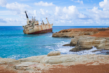 Goust old wreck ship and blue water beach. Travel photo 2018, december. Landscape and nature.
