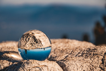 Fototapeta na wymiar Crystal ball alpine landscape shot at the Predigtstuhl summit-Bad Reichenhall-Bavaria-Germany