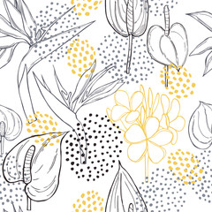 Hand drawn tropical flowers. Vector seamless pattern .