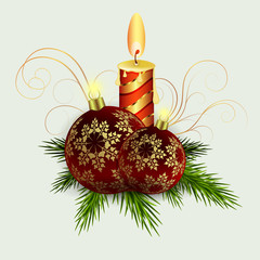 Christmas composition of spruce green branches, a burning candle, burgundy balls with snowflakes.
