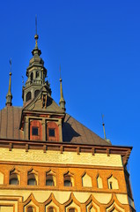 Fototapeta premium GDANSK, POLAND, DECEMBER 2, 2017. Tower of Old The prison tower with clear sky background. Now Amber Museum. Branch of the Historical Museum of the City of Gdansk