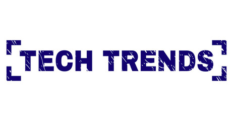 TECH TRENDS text seal print with grunge style. Text tag is placed inside corners. Blue vector rubber print of TECH TRENDS with retro texture.