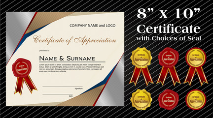 Fototapeta premium 8 x 10 size Certificate of Appreciation with laurel wreath wax seal and ribbon