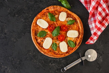 pizza, mozzarella, chicken, tomato sauce, vegetables, basil (pizza mozzarella tomato). food background. copy space