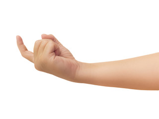 Human hand in showing one forefinger and bent in "come on" gesture isolate on white background with clipping path, High resolution and low contrast for retouch or graphic design