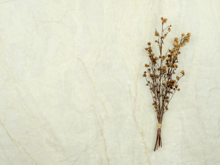 Top view bouquet of dried and wilted brown Gypsophila flowers on matt marble background with copy spac