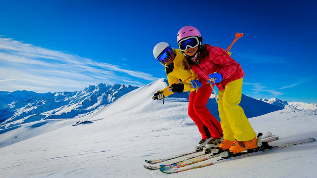 Ski with amazing view of swiss famous mountains in beautiful winter snow Mt Fort. The skituring, backcountry skiing in fresh powder snow.