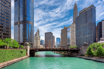 Chicago Skyline. Chicago downtown and Chicago River at summer sunny day, Chicago, Illinois. 