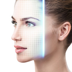 Technological scanning of face of young woman. - 238136110