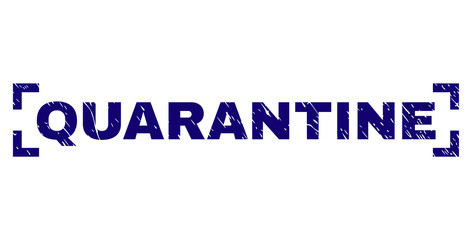 QUARANTINE text seal print with corroded texture. Text caption is placed between corners. Blue vector rubber print of QUARANTINE with retro texture.