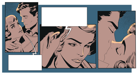 Couple in love. People in retro style pop art and vintage advertising.