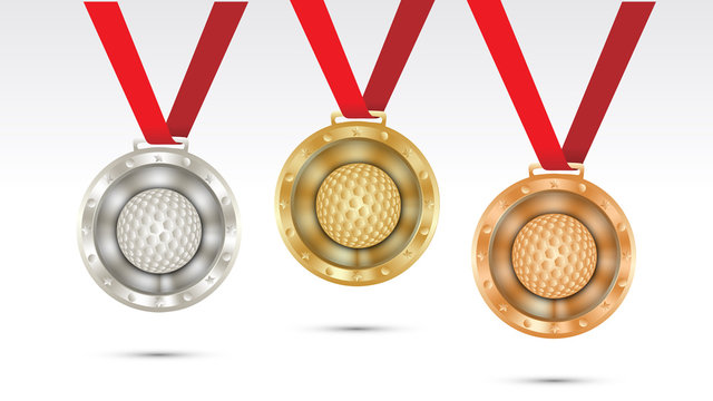 golf Champion Gold, Silver and Bronze Medal set with Red Ribbon  Vector Illustration
