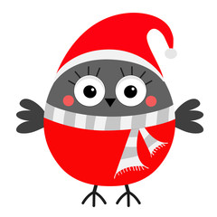 Bullfinch winter red feather bird. Santa hat, gray scarf. Merry Christmas. New Year. Greeting card. Cute cartoon kawaii funny baby character. Flat design. White background.