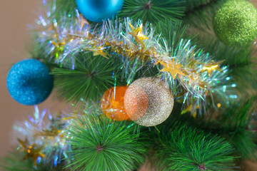 New year tree bright and stylish decoration. Home of the russian people in the december.