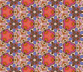 Seamless triangular pattern from circular abstract floral ornaments multicolored on a dark background. Vector illustration. Suitable for fabric, wallpaper and wrapping paper