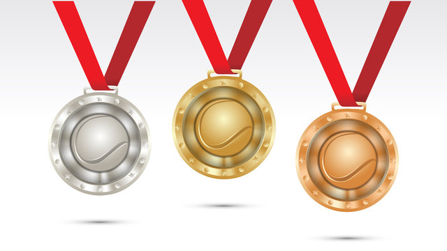 tennis Champion Gold, Silver and Bronze Medal set with Red Ribbon  Vector Illustration 