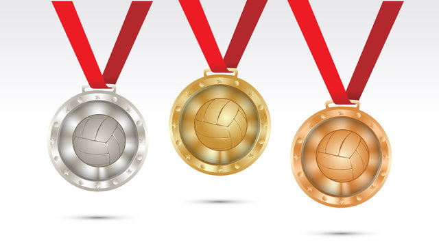 volleyball Champion Gold, Silver and Bronze Medal set with Red Ribbon  Vector Illustration