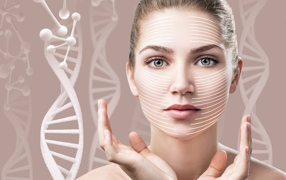 Portrait of sensual woman among DNA chains.