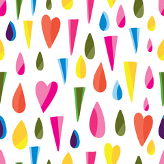 Triangles, drops and hearts. Vector seamless pattern.