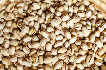Close-up of pistachio. Salted pistachio - beer snack. 