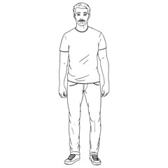 Male model from front in full length in black and white with t-shirt and jeans or jeans and sneakers. Three days beard and clean short hair. Outline, Vector Art, Cartoon, Comic, Fashion, Lifestyle.
