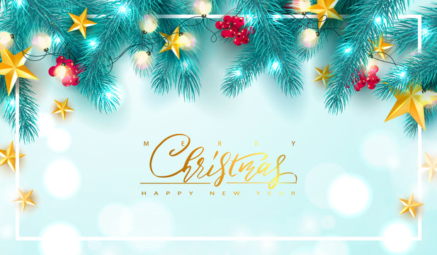 Merry Christmas and Happy New Year.Universal vector background with Golden bow,fir branches, Rowan, stars and garland. Suitable for promotional materials, postcards,posters banners, flyers