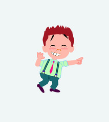 Businessman in casual style pointing to something funny on his left.