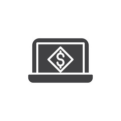 Laptop money screen vector icon. filled flat sign for mobile concept and web design. Dollar currency display simple solid icon. Symbol, logo illustration. Pixel perfect vector graphics