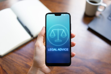 Legal advice icons on mobile phone screen. Attorney at law, consultation, supprot. Business concept.