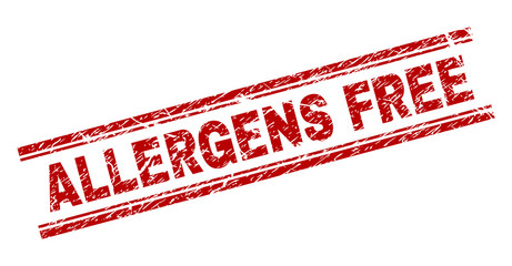 ALLERGENS FREE seal print with grunge texture. Red vector rubber print of ALLERGENS FREE caption with unclean texture. Text caption is placed between double parallel lines.