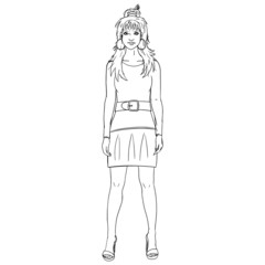 Female model from the front in full length in black and white with a long T-shirt and mini skirt with high heels. Shoulder-length, high-set long hair and subtly made-up face. Outline, Vector Art,