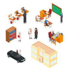 Set Arabian School Situation Illustration Isometric Flar 3D cartoon
