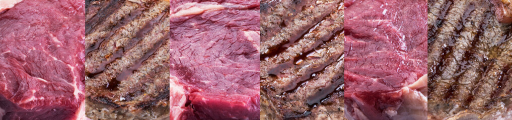 Raw and barbecue beef steaks. Food background.
