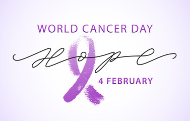Fototapeta premium World cancer day 4 february text. Vector illustration concept for world cancer day. Hope word with violet ribbon symbol.
