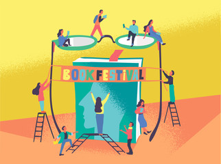 Flat vector illustration of people who prepare for book festival. Man reads the book and hang a banner on the bow of glasses and giant book. Library, bookfest poster, promotion, advertisement concept.