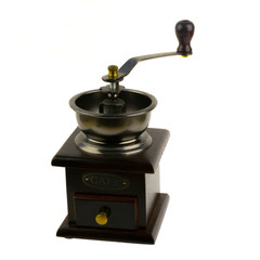 manual coffee grinder with a wooden case on a white background