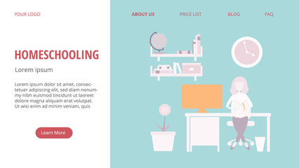 Homeschooling vector illustration, web concept, girl sitting at a desk
