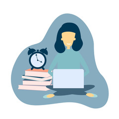 Young girl sitting on the floor with his laptop, colorful character vector Illustration, freelancer, homeschooling