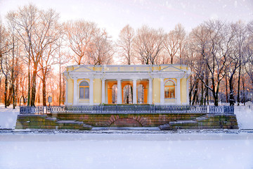 Granite pier and pavilion on the bank of the Moika River in the Mikhailovsky Garden . St.Petersburg