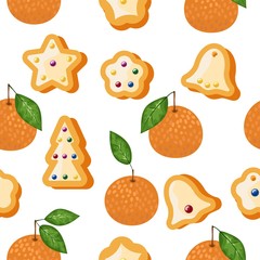Mandarin seamless pattern. Vector tangerine. Hand drawn fresh tropical citrus fruit. Multicolored sketch background. Colorful doodle wallpaper. pattern of Mandarin and cookies. Orange and white print