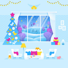 Living room interior decorated for Christmas and New Year