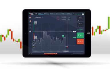 Tablet PC Business chart, uptrend line graph, bar chart stock numbers bull market arrow up and down phone. Dashboard binary option, Ui interface. Financial markets background tablet