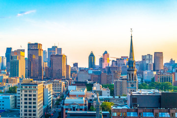 Montreal, Quebec, Canada: city skyline from a downtown hotel. Beautiful cityscape of a Canadian city